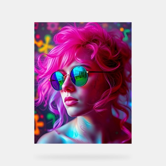 Neon Roze-Haired Vrouw Met Reflecterende Bril - M Acryl Bord (Voorkant)