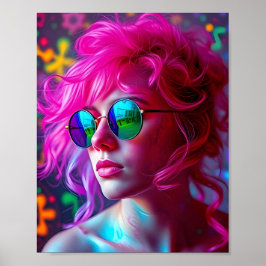 Neon Roze-Haired Vrouw Met Reflecterende Bril - M Poster