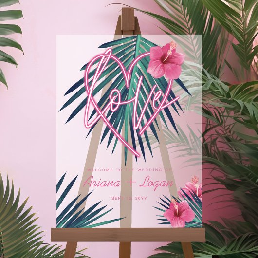 Neon roze hart liefde tropische bloemen palm bruil acryl bord