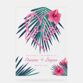 Neon roze hart liefde tropische bloemen palm bruil acryl bord (Voorkant)