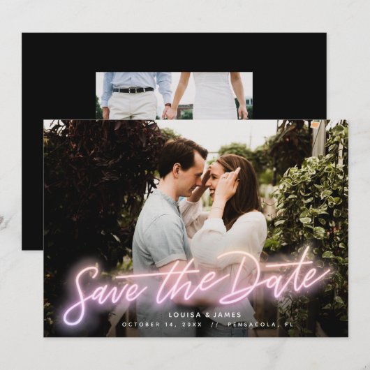 Neon Roze Horizontale Foto sparen de Datum Kaart (Voorkant / Achterkant)