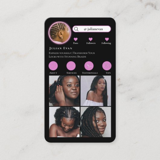 Neon Roze Instagram Fotocollage Haarvlechten Visitekaartje (Voorkant)