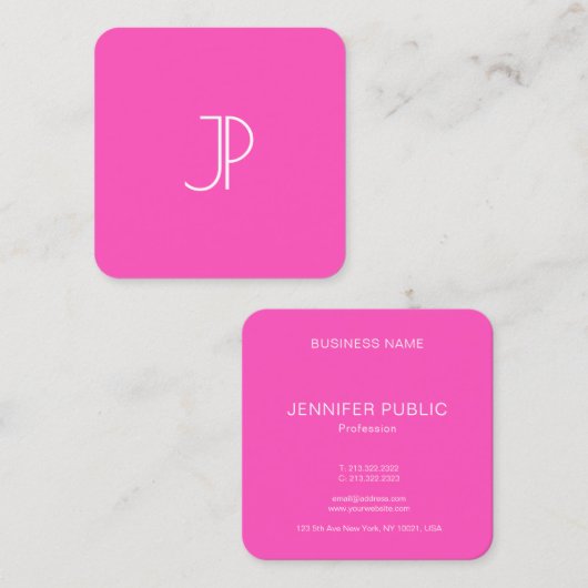 Neon Roze Modern Elegant Monogram Sjabloon Trendy Vierkante Visitekaartje (Voorkant / Achterkant)