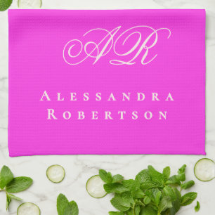 Neon Roze Monogram Naam Minimalistisch Vet Levendi Theedoek