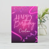 Neon Roze Paarse Confetti Happy Birthday Feestdagenkaart (Staand voorkant)