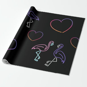 Neon Roze Paarse Flamingo en Harten Cadeaupapier