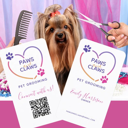 Neon Roze Paarse Pet Grooming QR-code Visitekaartje