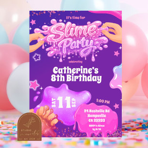 Neon Roze Paarse Slime Verjaardagsuitnodiging Kaart