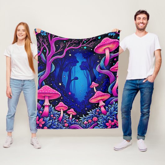 Neon Roze Paddenstoelen Bos Kunst Fleece Deken (In situ)