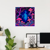 Neon Roze Paddenstoelen Bos Kunst Poster (Thuiskantoor)