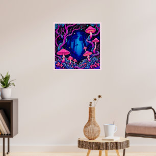 Neon Roze Paddenstoelen Bos Kunst Poster
