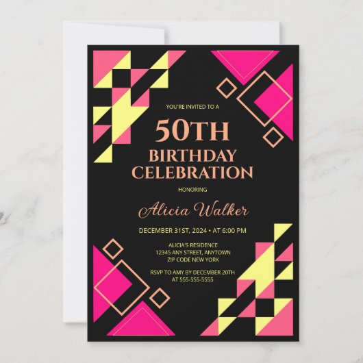 Neon roze perzik driehoek geometrische zwarte verj kaart (Voorkant)