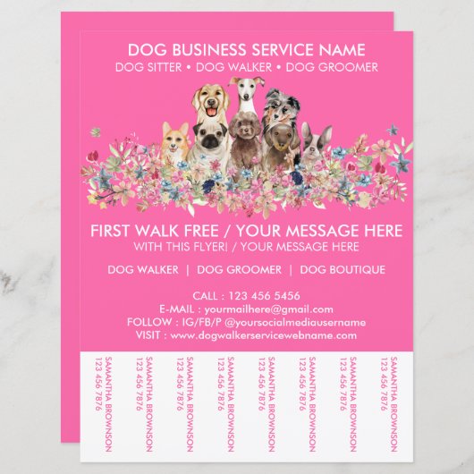 Neon roze rassen hond Walker service flyer (Voorkant / Achterkant)