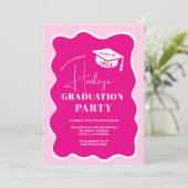 Neon roze retro golvende lijst foto afstuderen kaart (Staand voorkant)