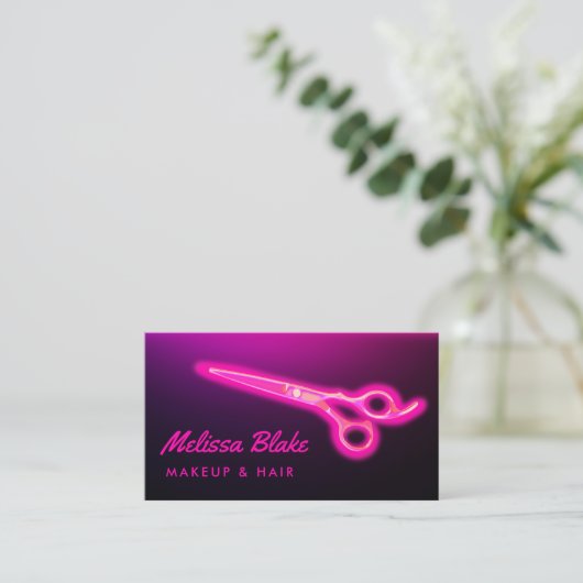 Neon roze schaar logo visitekaartje (Staand voorkant)
