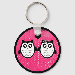 Neon roze schattige grunge uil paar sleutelhanger