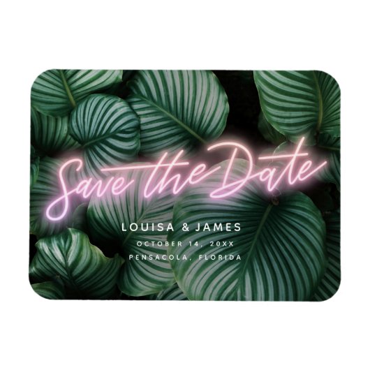 Neon roze Sign Modern Tropisch Save the Date Magneet (Horizontaal)