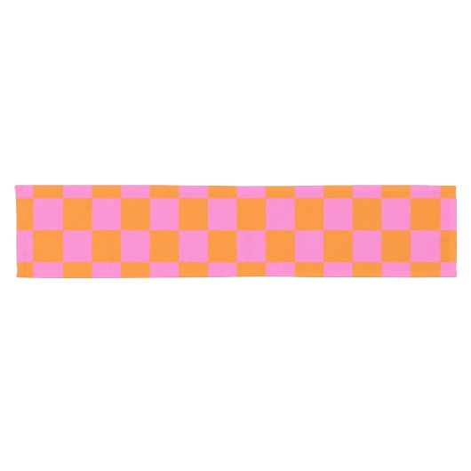 Neon Roze Sinaasappel Geruite Checkerboard  Korte Tafelloper (Horizontaal)