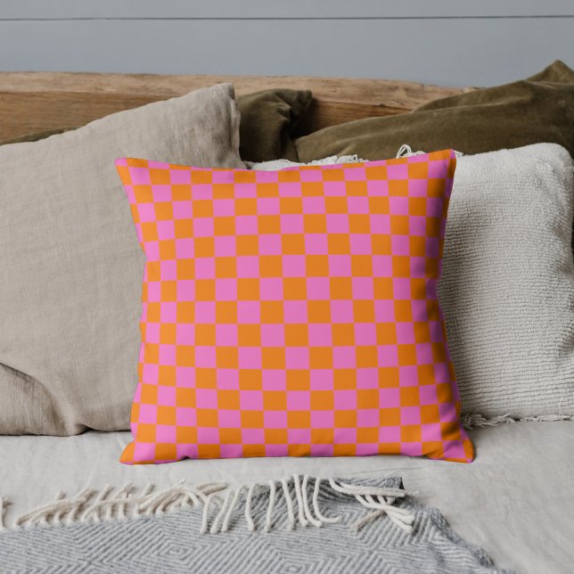 Neon Roze Sinaasappel Geruite Checkerboard  Kussen (Creator heeft geüpload)