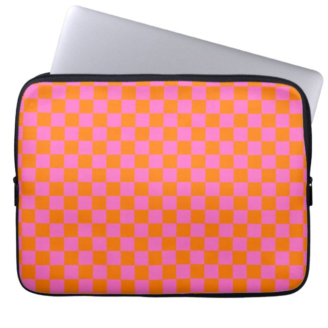 Neon Roze Sinaasappel Geruite Checkerboard  Laptop Sleeve (Voorkant)