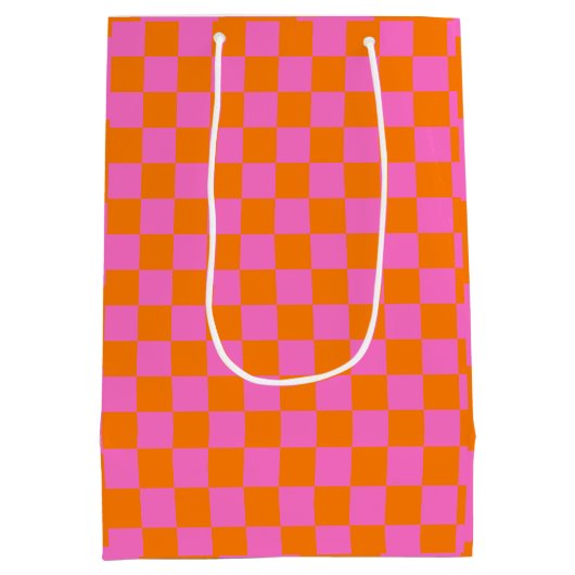 Neon Roze Sinaasappel Geruite Checkerboard  Medium Cadeauzakje (Achterkant)