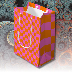 Neon Roze Sinaasappel Geruite Checkerboard Medium Cadeauzakje