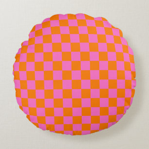 Neon Roze Sinaasappel Geruite Checkerboard  Rond Kussen
