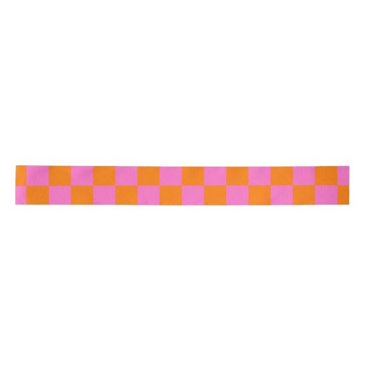 Neon Roze Sinaasappel Geruite Checkerboard  Satijnen Lint (Voorkant)