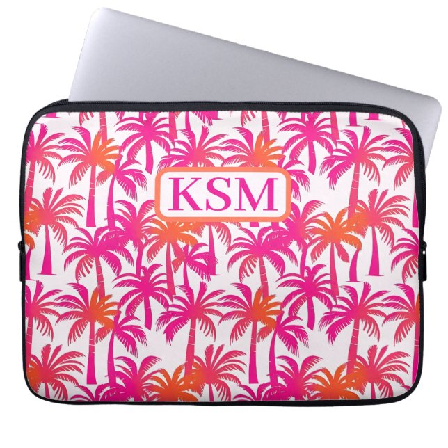 Neon Roze Sinaasappel Palmboom Monogram Laptop Sleeve (Voorkant)