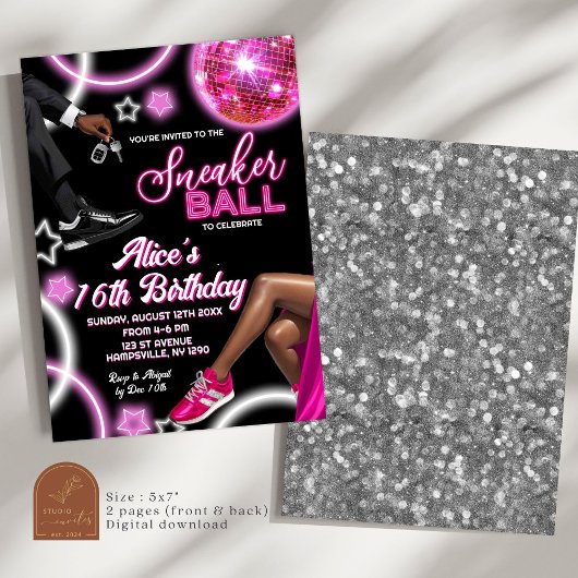 Neon Roze Sneaker Ball en Disco Ball Verjaardag Kaart