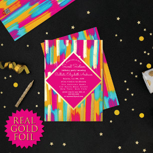Neon Roze Teal Geel Glitter Verf Sweet 16 Folie Uitnodiging