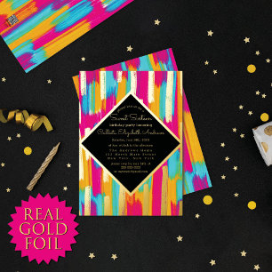 Neon Roze Teal Geel Goud Glitter Verf Sweet 16 Folie Uitnodiging