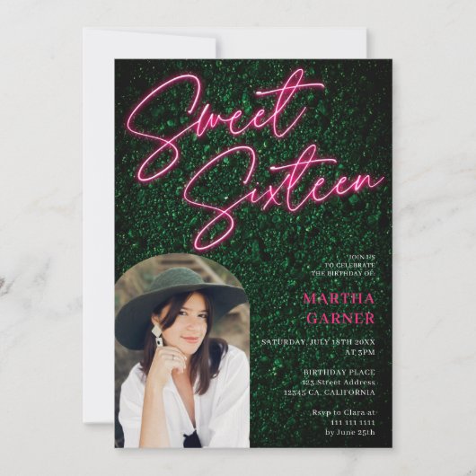 Neon roze teken script groen foto boog Sweet 16 Kaart (Voorkant)