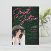 Neon roze teken script groen foto boog Sweet 16 Kaart (Staand voorkant)
