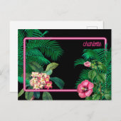Neon Roze Tropische Botanicals Monogram Feestdagenkaart (Voorkant / Achterkant)