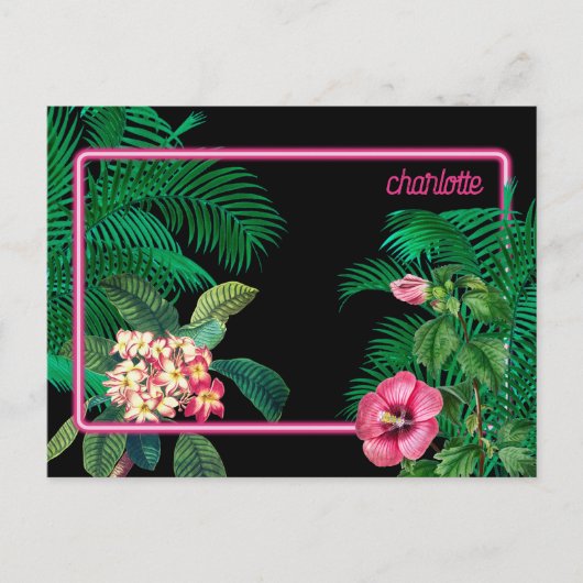 Neon Roze Tropische Botanicals Monogram Feestdagenkaart (Voorkant)