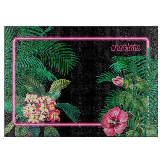 Neon Roze Tropische Botanicals Monogram Snijplank (Voorkant)