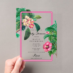 Neon Roze Tropische Botanische Baby Shower Acryl Uitnodigingen