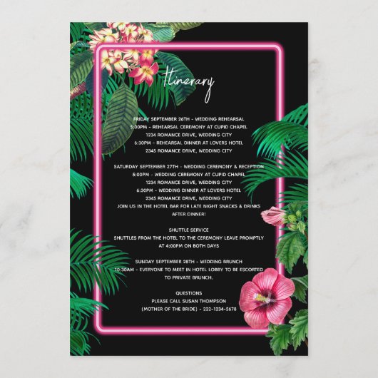 Neon roze tropische retro trouwroute programmakaart (Achterkant)