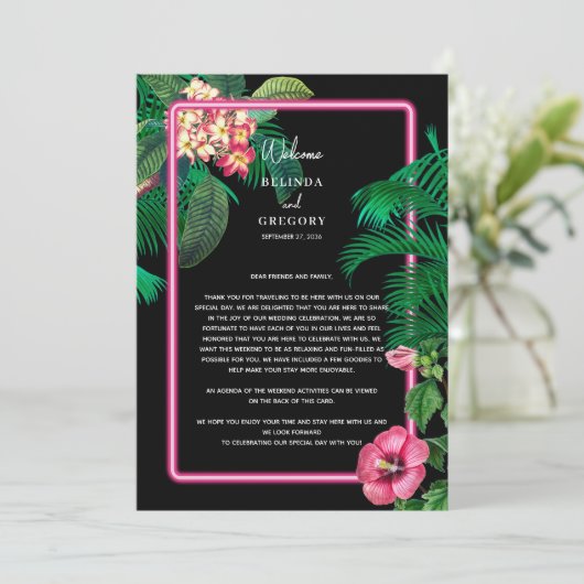 Neon roze tropische retro trouwroute programmakaart (Staand voorkant)