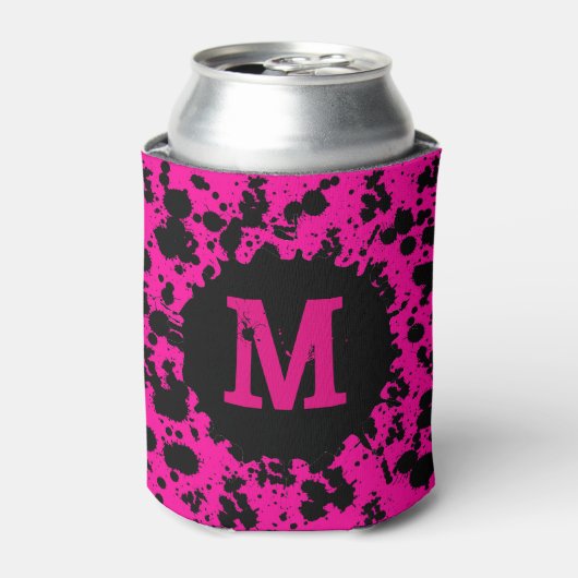 Neon roze verf splatter monogram koelbox blikjeskoeler (Blikje Voorkant)