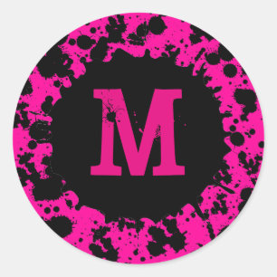 Neon roze verf splatter monogram stickers