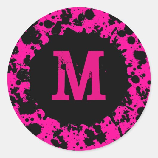 Neon roze verf splatter monogram stickers (Voorkant)