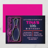 NEON ROZE VERJAARDAGSFEEST BOWLING VOLWASSEN VIERI KAART (Voorkant / Achterkant)