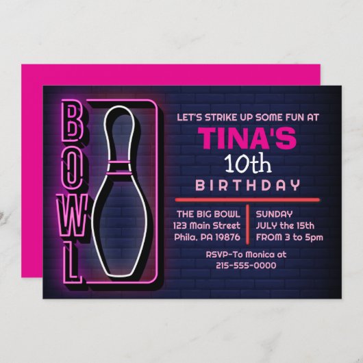 NEON ROZE VERJAARDAGSFEEST BOWLING VOLWASSEN VIERI KAART (Voorkant / Achterkant)