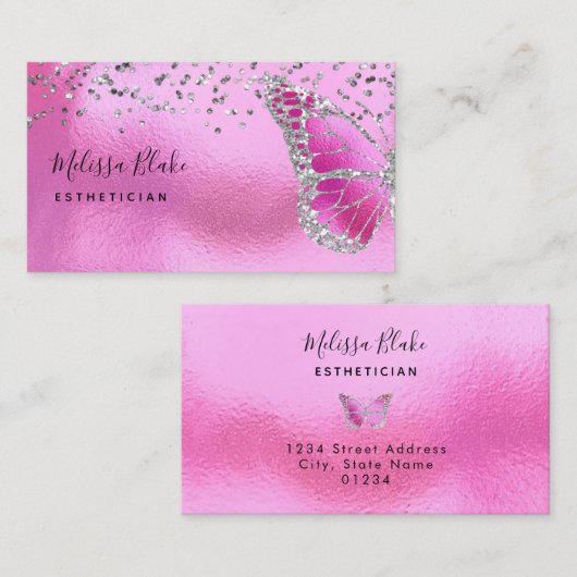 Neon roze vlinder design visitekaartje (Voorkant / Achterkant)