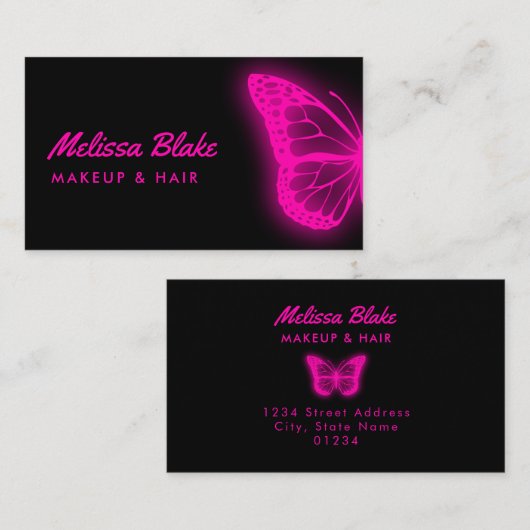 Neon roze vlinder logo visitekaartje (Voorkant / Achterkant)