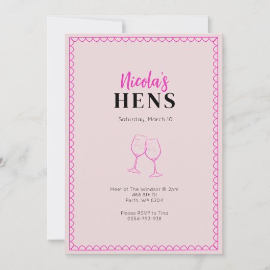 Neon Roze Wijn Glas Kippen Party Uitnodiging (Voorkant)