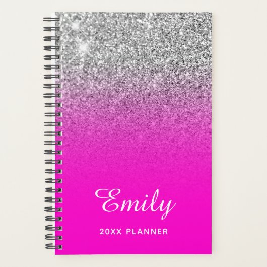 Neon Roze Zilver Glitter Ombre Naam Planner (Voorkant)