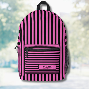 Neon Roze Zwart Vintage Gestreepte Naam Bedrukte Rugzak